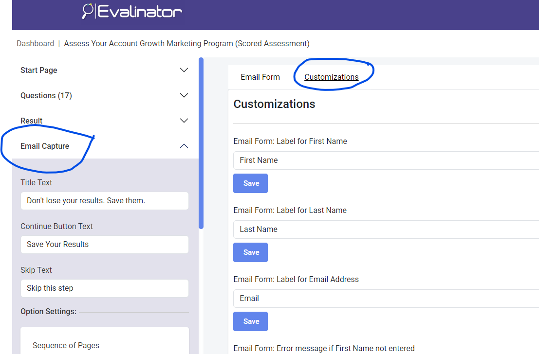 Email form text customizations