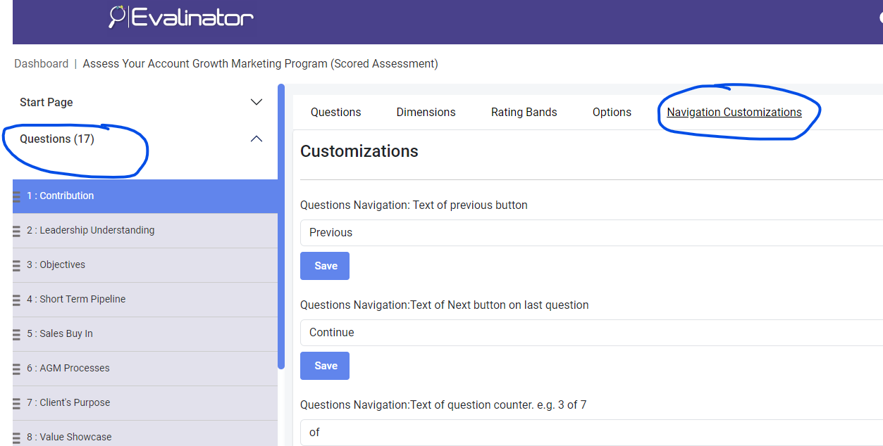 question navigation text customizations