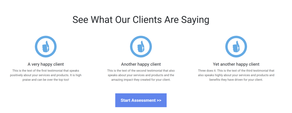 testimonials section for your quiz or business assessment